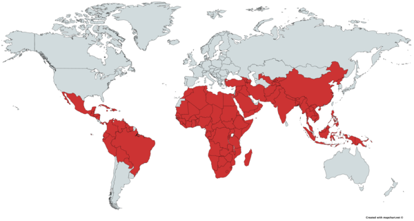 Map showing Countries where schistosomiasis and/or soil-transmitted helminthiases are endemic