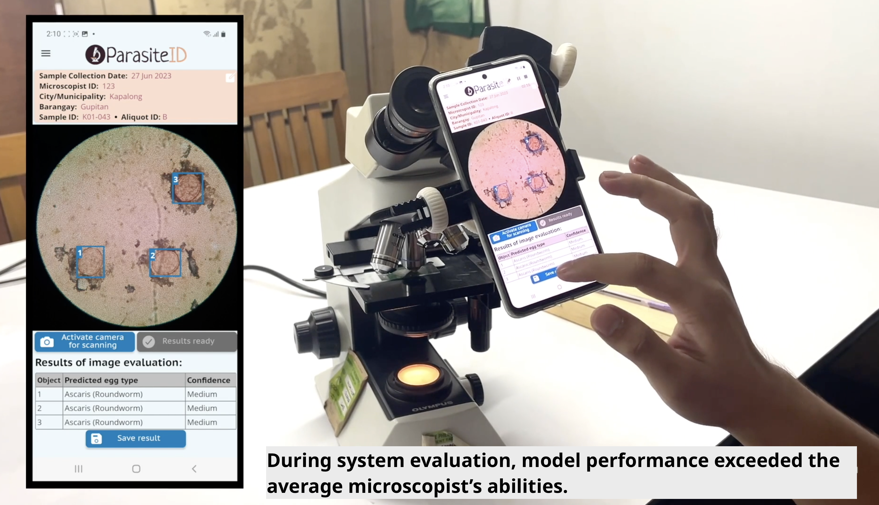 Image of mobile phone mounted on a microscope, with a view of the Parasite ID mobile app correctly identifying and labeling helminths from the sample